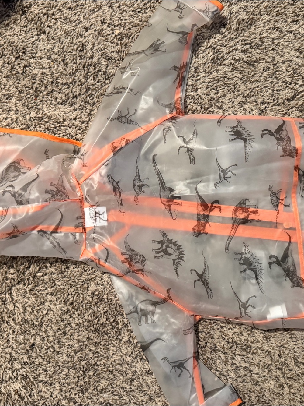Kids Clear Rain Jacket with Neon Orange Trim and Dinosaur Print
